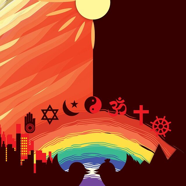 symbols of many faiths, plus sun and rainbow