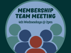 membership team meeting graphic: simplified people in red, blue, and green set in light blue circle on field of dark green