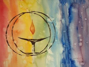 rainbow watercolor with flaming chalice