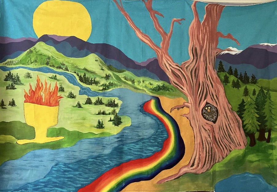 painting of uucm logo: river, flaming chalice, sun over mountains, rainbow, tree with owl