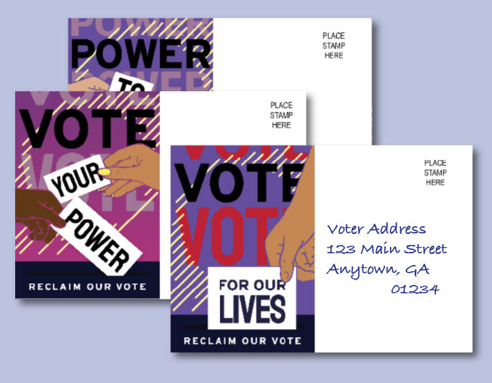 selection of get out the vote postcards each showing hands dropping ballots with words like "black lives matter" and "your power"