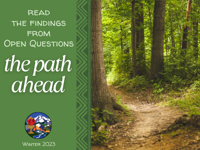 "Read the findings from Open Questions: the path ahead Winter 2024" text over green field separated by dark green geometric print is a photograph of a path through dense forest