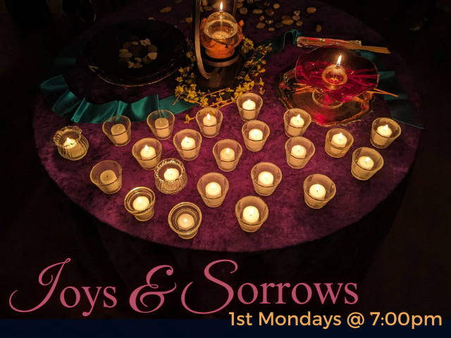 table of lit tea candles in small glass candle jars on round table with maroon table cloth in dark room service info: "Joys & Sorrows 1st Mondays @7:00pm"